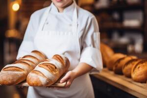 ai gegenereerd klein knus cafe koffie winkel bakkerij voltooien bestellen bedrijf interieur zonnig ochtend- licht trots gelukkig barista aanbiedingen goedkoop heet smakelijk cacao latte cappuccino americano espresso baguette foto