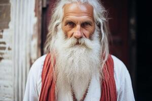 ai gegenereerd portret echt kalmte wijs ouderen Indisch Mens grijs haar- lang baard filosoof op zoek camera buiten huis. oud leeftijd mannetje salie wereld reiziger ervaring dakloos sjamaan hindoeïsme religie foto