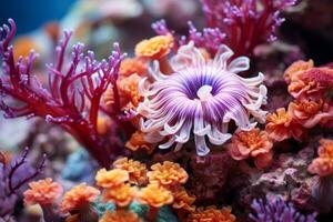 ai gegenereerd onderwater- mooi kleurrijk dansen rif anemoon groep koraal tropisch dier anemonefish natuur zout water vis tank aquarium. ecologie snorkel duiken ecosysteem milieu opslaan planeet foto
