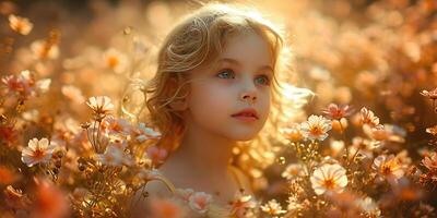 ai gegenereerd kind in bloem veld, gouden licht, sereen natuur, zomer bloeit, portret van onschuld. foto