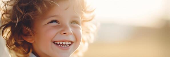 ai gegenereerd banier lachend krullend haar kleuter in zonlicht, ideaal voor inhoud Aan kinderjaren vreugde, ouderschap, en speels kinderen. foto