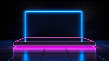 ai gegenereerd futuristische neon podium Scherm, perfect voor Product presentatie van in techniek, evenementen, of kleinhandel. foto