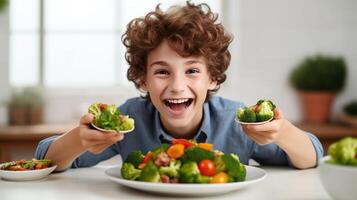 ai gegenereerd blij krullend haar jongen met gezond groente maaltijd, pret aan het eten concept foto