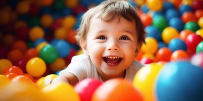 ai gegenereerd gelukkig kind in bal pit, levendig Speel Oppervlakte, blij kleuter plezier, binnen- speelplaats, kleurrijk plastic ballen, kinderen amusement. foto