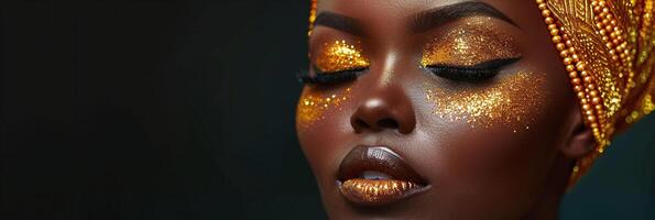 ai gegenereerd banier voortreffelijk detailopname van Afrikaanse model- met glinsterende goud bedenken en overladen hoofddeksel, belichamen luxe en cultureel schoonheid. foto
