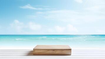 ai gegenereerd aan het strand houten podium voor Product Scherm, perfect voor presentatie van items in een tropisch instelling. foto