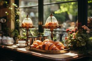 ai gegenereerd klein knus cafe koffie winkel bakkerij voltooien bestellen bedrijf interieur zonnig ochtend- licht barista aanbiedingen goedkoop heet smakelijk cacao latte cappuccino americano espresso baguette brood bun foto