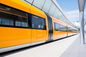 ai gegenereerd modern metro trein ondergronds vervoer openbaar doorvoer schoon metro station platform stad reizen toerisme spoorweg hoog snelheid futuristische in beweging buis passagier treinen uitdrukken terminal foto