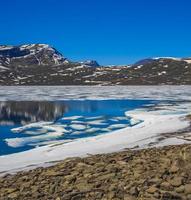 bevroren turquoise meer vavatn panorama in zomer landschap hemsedal noorwegen. foto