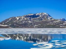 bevroren turquoise meer vavatn panorama in zomer landschap hemsedal noorwegen. foto