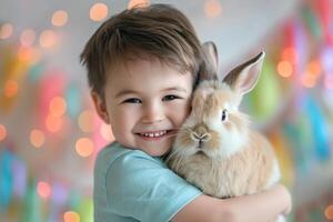 ai gegenereerd jong jongen kind knuffelen een schattig konijn bokeh stijl achtergrond met generatief ai foto