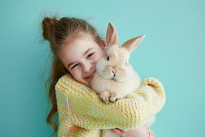 ai gegenereerd jong meisje kind knuffelen een schattig konijn met generatief ai foto