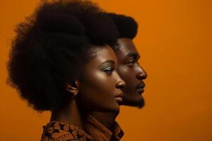 ai gegenereerd Afrikaanse mannetje en vrouw model- beurt zijwaarts met generatief ai foto