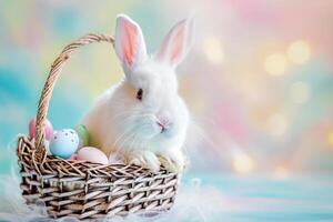 ai gegenereerd een schattig konijn met kleurrijk pastel Pasen eieren mand bokeh stijl achtergrond met generatief ai foto