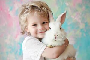 ai gegenereerd jong jongen kind knuffelen een schattig konijn met generatief ai foto