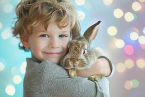 ai gegenereerd jong jongen kind knuffelen een schattig konijn bokeh stijl achtergrond met generatief ai foto