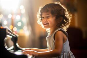 ai gegenereerd een meisje spelen piano in leven kamer bokeh stijl achtergrond met generatief ai foto