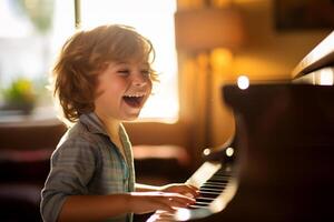 ai gegenereerd een jongen spelen piano in leven kamer bokeh stijl achtergrond met generatief ai foto