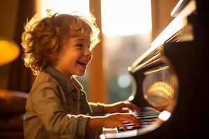 ai gegenereerd een jongen spelen piano in leven kamer bokeh stijl achtergrond met generatief ai foto