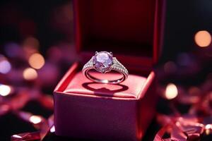 ai gegenereerd een diamant bruiloft ring in een rood Purper doos bokeh stijl achtergrond met gegenereerd ai foto