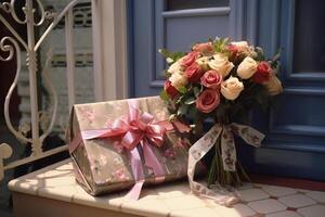 ai gegenereerd een boeket van rozen en een geschenk in voorkant van de voorkant deur bokeh stijl achtergrond met gegenereerd ai foto