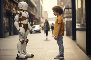 ai gegenereerd jong jongen pratend met robot bokeh stijl achtergrond met generatief ai foto