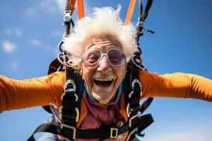 ai gegenereerd een oud vrouw nemen een selfie terwijl Parachutespringen met gegenereerd ai foto