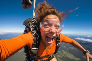 ai gegenereerd een vrouw aan het doen selfie terwijl solo Parachutespringen met gegenereerd ai foto