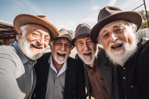 ai gegenereerd een groep van ouder mannen vriendschap bokeh stijl achtergrond met gegenereerd ai foto