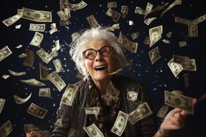 ai gegenereerd een gelukkig oud vrouw met geld vliegend in de lucht met generatief ai foto
