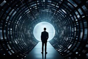 ai gegenereerd een zakenman staand in voorkant van een verlichte tunnel met generatief ai foto