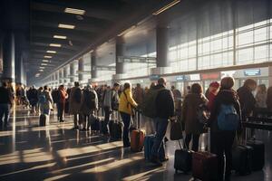 ai gegenereerd toeristen in wachtrij in de luchthaven terminal. passagiers gedurende Check in. vakantie, reizen concept foto