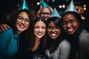 ai gegenereerd groep van blij etnisch verscheidenheid vrouw genieten van feest. nieuw jaar partij, viering, vriend concept foto