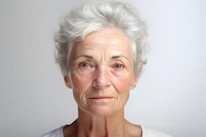 ai gegenereerd portret van senior grijs haar Kaukasisch vrouw Aan wit achtergrond. neurale netwerk gegenereerd fotorealistisch afbeelding. foto