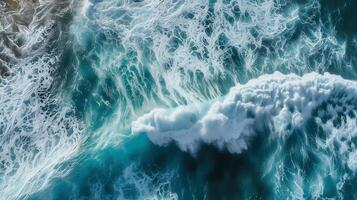 ai gegenereerd spectaculair antenne top visie achtergrond foto van oceaan zee water wit Golf spatten in de diep zee, ai gegenereerd.