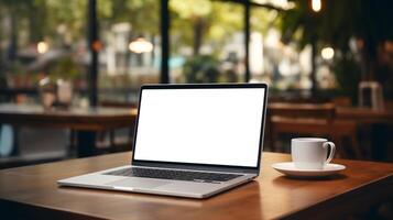 ai gegenereerd blanco scherm laptop computer Aan cafe bureau, blanco scherm voor Product Scherm, bespotten omhoog, generatief ai. foto