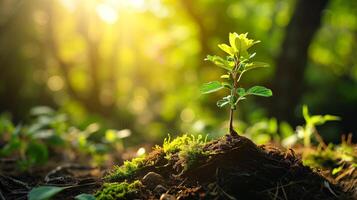 ai gegenereerd omgeving, opslaan schoon planeet, ecologie concept.wereld aarde dag spandoek. jong groen fabriek groeit Bij zonlicht, ai gegenereerd. foto