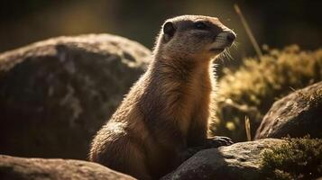 ai gegenereerd gouden uur schittering vangt een waakzaam grond eekhoorn temidden van rustiek stenen. foto