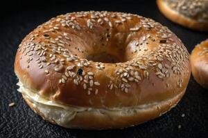 ai gegenereerd fijnproever room kaas bagel Aan zwart achtergrond foto