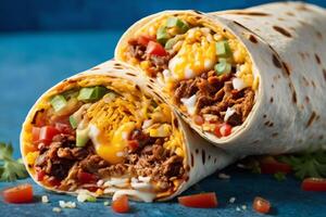 ai gegenereerd ontbijt burrito Aan blauw achtergrond foto