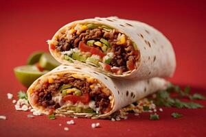 ai gegenereerd Mexicaans stijl rundvlees burrito met kaas en groenten Aan rood foto