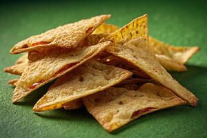 ai gegenereerd gouden driehoek chips Aan groen foto