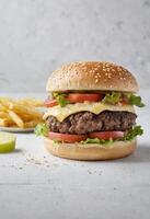 ai gegenereerd gemakkelijk rundvlees hamburger met kaas en groenten foto
