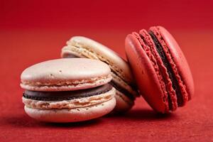 ai gegenereerd Frans macarons trio Aan rood foto