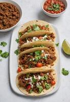 ai gegenereerd smakelijk grond rundvlees taco's met vers toppings foto