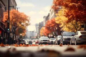 ai gegenereerd Amerikaans downtown straat visie Bij zonnig herfst dag, neurale netwerk gegenereerd beeld foto