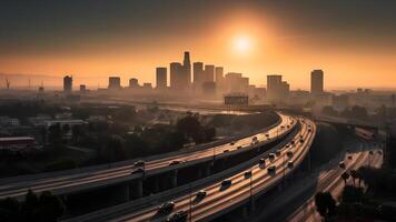 ai gegenereerd zonsopkomst stadsgezicht horizon visie van downtown los angeles stijl western stad, neurale netwerk gegenereerd fotorealistisch beeld foto