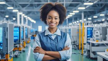 ai gegenereerd vrouw faciliteit, Afro Amerikaan vrouw ingenieur in modern technisch plant, glimlachen Aan camera foto