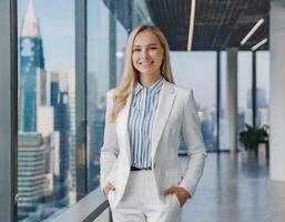 ai gegenereerd jong Kaukasisch vrouw project manager in wolkenkrabber kantoor gebouw foto