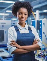 ai gegenereerd vrouw faciliteit, Afro Amerikaan vrouw ingenieur in modern technisch plant, glimlachen Aan camera foto